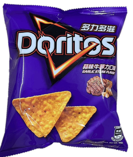 D218 TAIWAN DORITOS Totopos de Maíz Sabor Filete Mignon con Ajo — 12 × 68g por caja