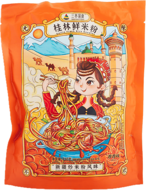 Sanyang Yishi, Fresh Instant Guilin Rice Noodles, Xinjiang Spicy Fried Rice Noodles, — 24 × 330g per case